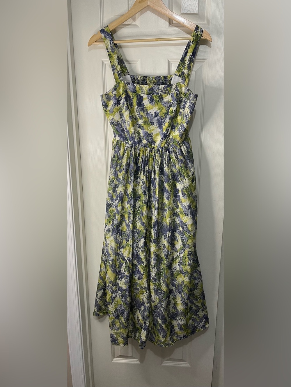 J Jill Silk Cotton Blend Floral Green Blue Sleeveless Smocked Midi Dress 10 P